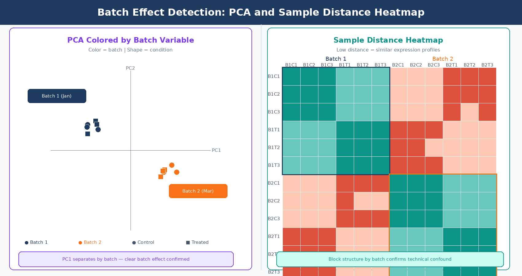 Side-by-side visualizations for batch effect detection: a PCA plot colored by batch variable showing separation along PC1, and a sample distance heatmap showing block structure that correlates with batch rather than biological condition