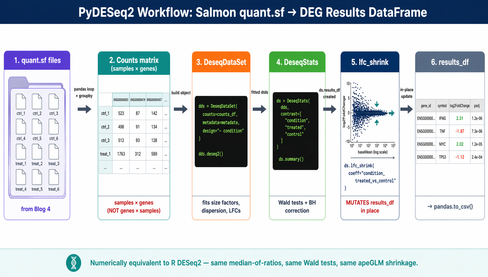 Horizontal six-stage PyDESeq2 pipeline diagram showing Salmon quant.sf files flowing into a counts matrix with samples as rows and genes as columns, then into a DeseqDataSet object with metadata and design formula, then through deseq2() which runs size factors dispersion and GLM coefficients, then DeseqStats with a contrast list, then lfc_shrink with apeGLM, ending in a results_df DataFrame with columns baseMean log2FoldChange lfcSE pvalue padj