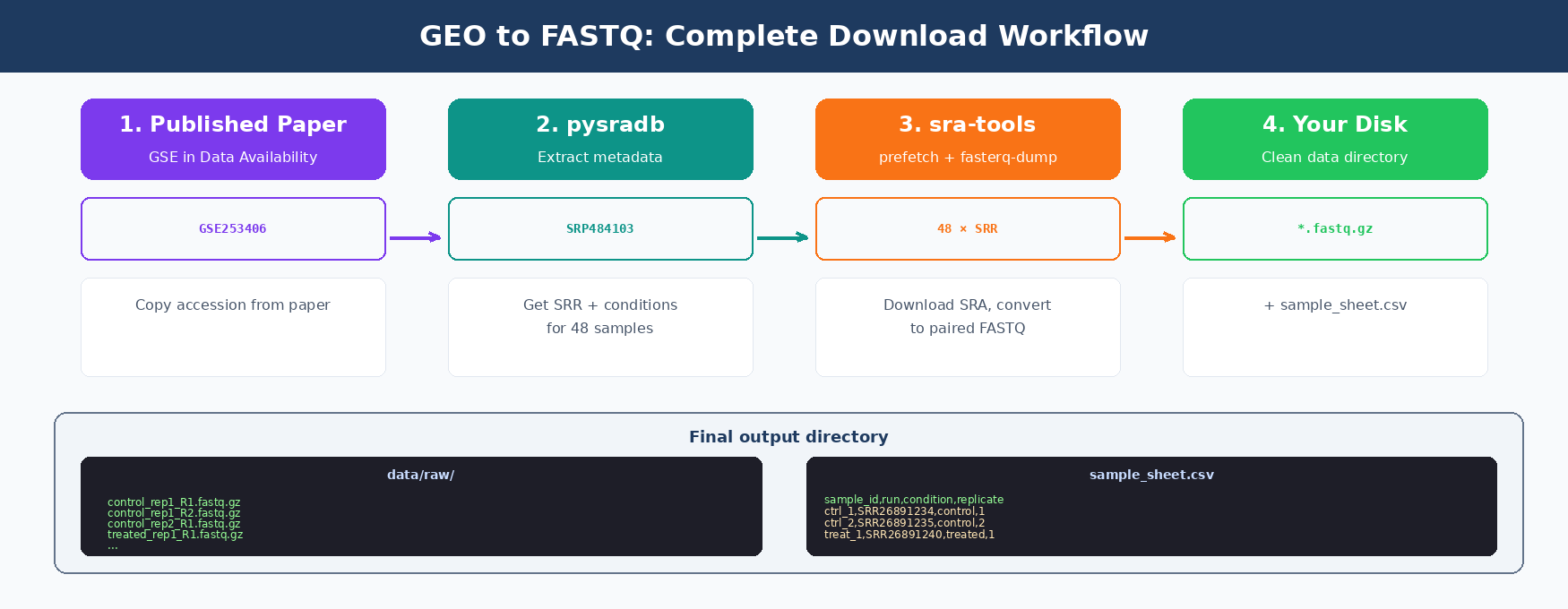 Workflow diagram showing the GEO-to-FASTQ pipeline: starting from a published paper with a GSE accession on the left, flowing through pysradb to extract GSE/GSM/SRR metadata in the middle, then to sra-tools prefetch to download SRA files, and fasterq-dump to convert to paired-end FASTQ files on the right, with a final node showing a clean data directory with fastq.gz files and a sample sheet CSV