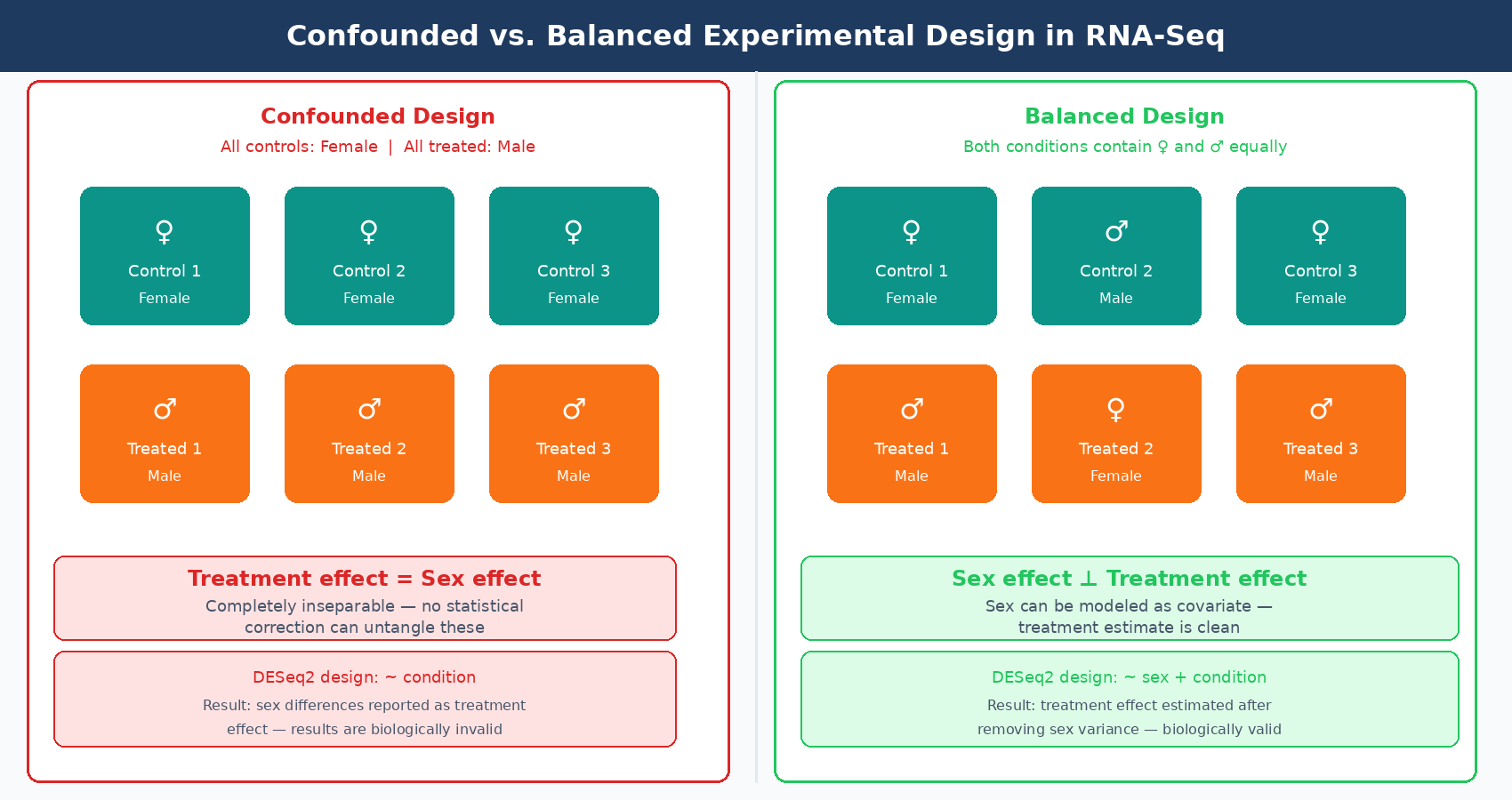 Comparison of a confounded RNA-seq experimental design where all control samples are female and all treatment samples are male versus a balanced design where sex is distributed equally across conditions