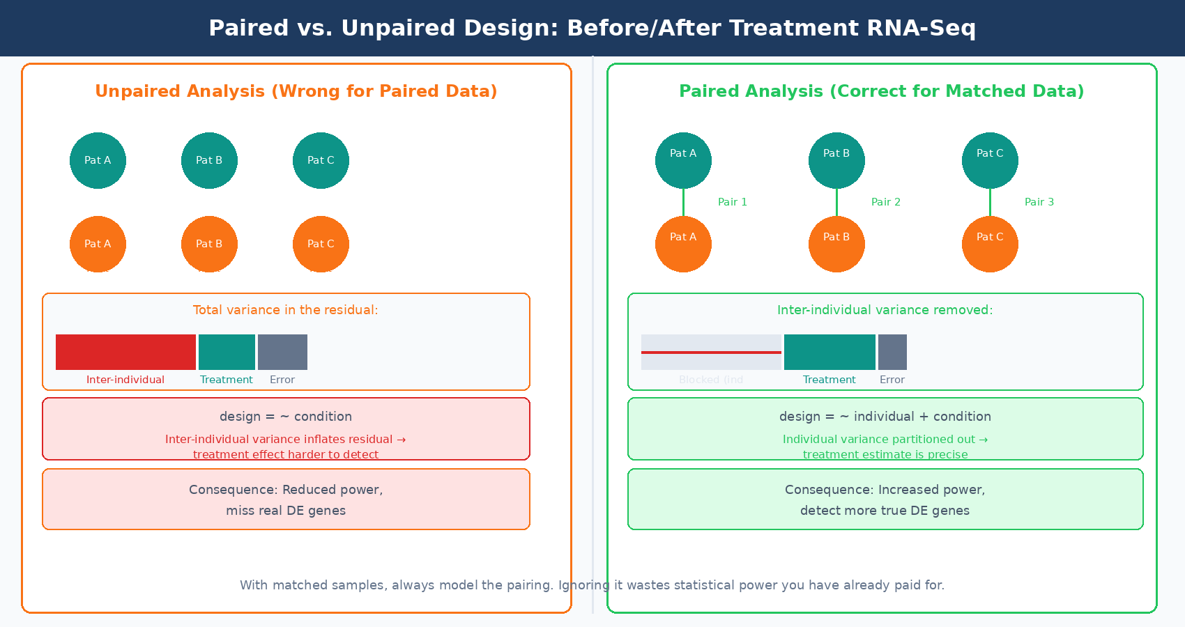 Comparison of unpaired and paired DESeq2 design for a before-after treatment RNA-seq experiment, showing how the paired design accounts for individual-level variance and produces more precise treatment effect estimates