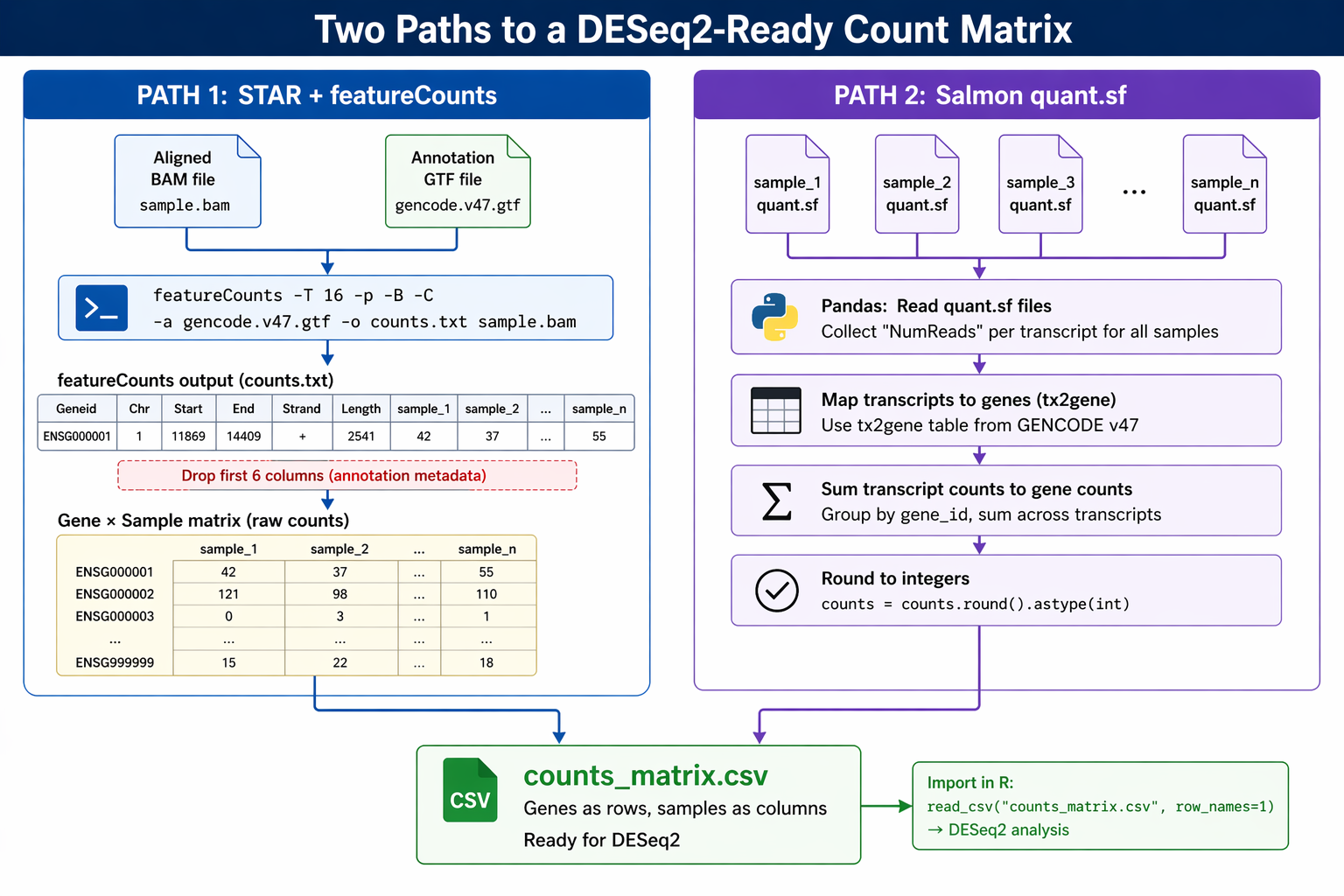 A clean technical diagram showing two parallel paths to a DESeq2-ready count matrix. The left path is labeled STAR plus featureCounts and shows a BAM file icon flowing into a featureCounts command box with the GTF file as a second input, producing a TSV file with six header columns to drop and then a clean gene by sample matrix. The right path is labeled Salmon quant.sf and shows multiple quant.sf file icons flowing into a pandas aggregation step with a tx2gene mapping step beneath it, then summing transcript counts to gene counts and rounding to integers. Both paths converge into a single green output box labeled counts_matrix.csv showing genes as rows and samples as columns, ready for DESeq2.