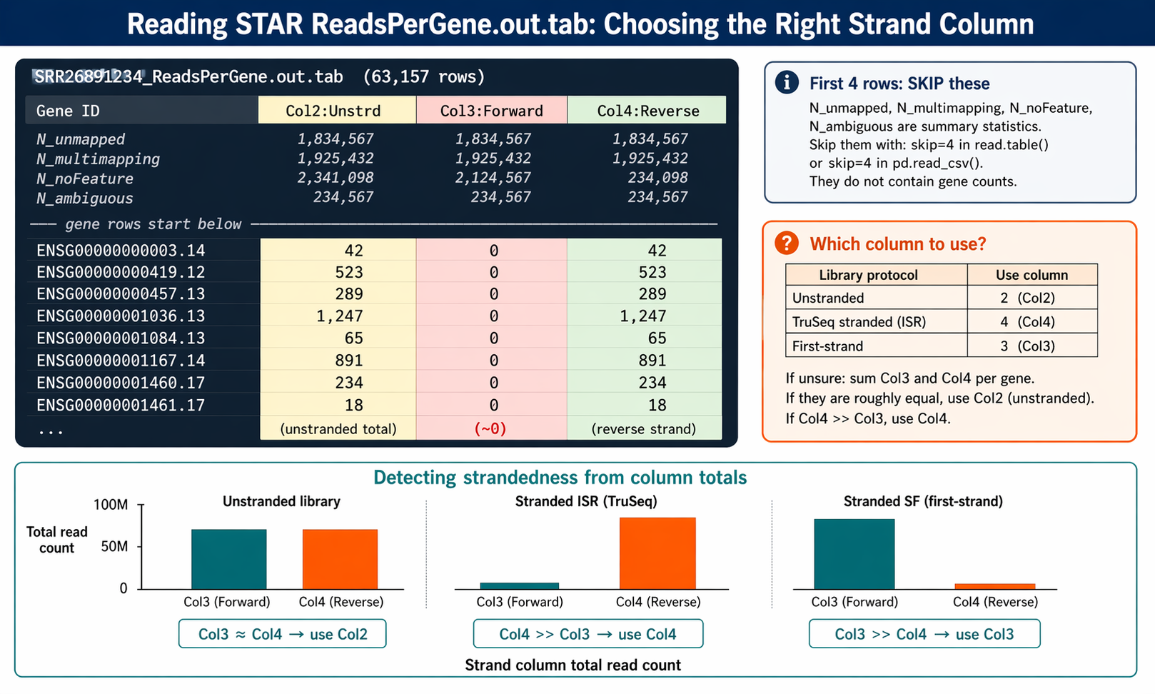 Annotated diagram of a STAR ReadsPerGene.out.tab file showing four columns: the first column has gene IDs like ENSG00000000003.14, ENSG00000000419.12 and summary rows N_unmapped N_multimapping N_noFeature N_ambiguous; column 2 labeled Unstranded with values in the hundreds to thousands for each gene; column 3 labeled Forward strand with values near zero for most genes; column 4 labeled Reverse strand with values matching column 2 closely for most genes; a green box indicates to use column 4 for stranded TruSeq libraries and column 2 for unstranded libraries; a small bar chart below shows that if columns 3 and 4 are equal the library is unstranded and if one dominates the library is stranded