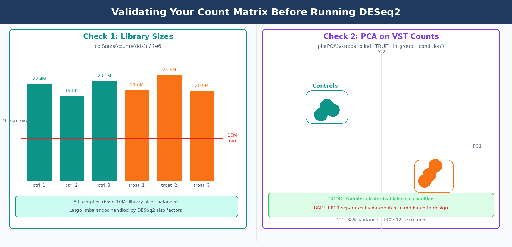 Two diagnostic plots: left shows a bar chart of library sizes per sample in millions of reads with a dashed line at 10M as the minimum recommended threshold; right shows a PCA plot of variance-stabilized counts with samples colored by condition and correctly clustering by biological condition rather than technical batch