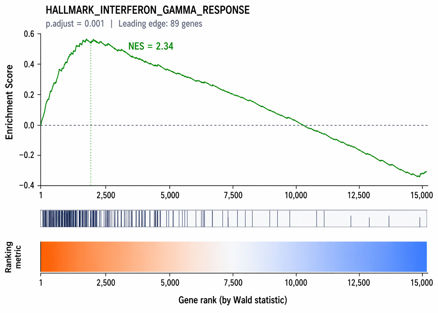 GSEA enrichment score plot for HALLMARK_INTERFERON_GAMMA_RESPONSE: top panel shows a green running enrichment score curve that rises sharply from the left, reaches a peak NES of 2.34 around one third of the way through the ranked list, then gradually falls; middle panel shows a black tick mark for every gene in the set, densely clustered at the left side of the ranked list corresponding to up-regulated genes; bottom panel shows a gradient from orange on the left for highly ranked genes to blue on the right for down-ranked genes, representing the ranking metric
