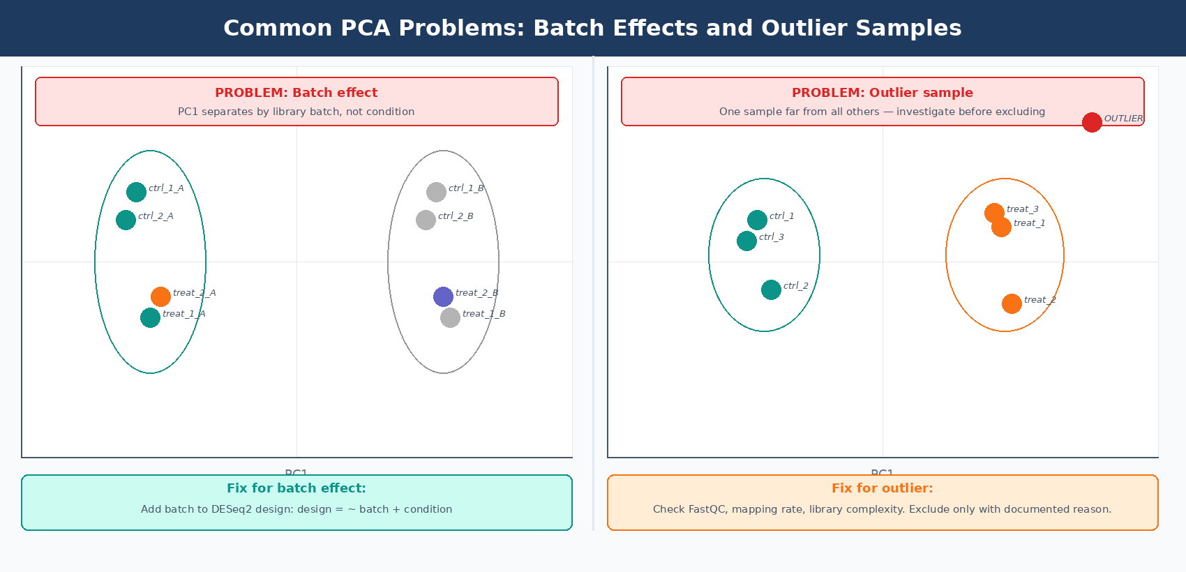 Two side-by-side PCA plots illustrating common problems: left plot shows a batch effect where samples separate by extraction batch (squares vs circles) along PC1 instead of condition, with batch A samples clustering together regardless of treatment; right plot shows an outlier sample sitting far from all other replicates in the upper right corner of the plot, far outside the expected condition clusters