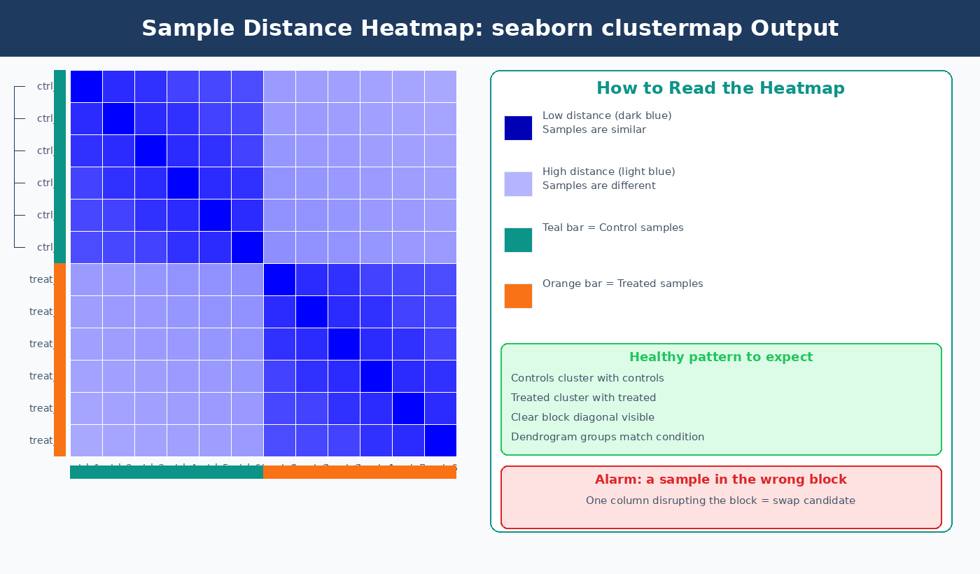Seaborn clustermap showing a 12x12 sample distance matrix: teal condition color bars on rows and columns, hierarchical clustering dendrograms on both edges, and a clear block diagonal structure with control samples forming one low-distance cluster and treated samples forming another, the two blocks separated by higher pairwise distances shown in lighter blue