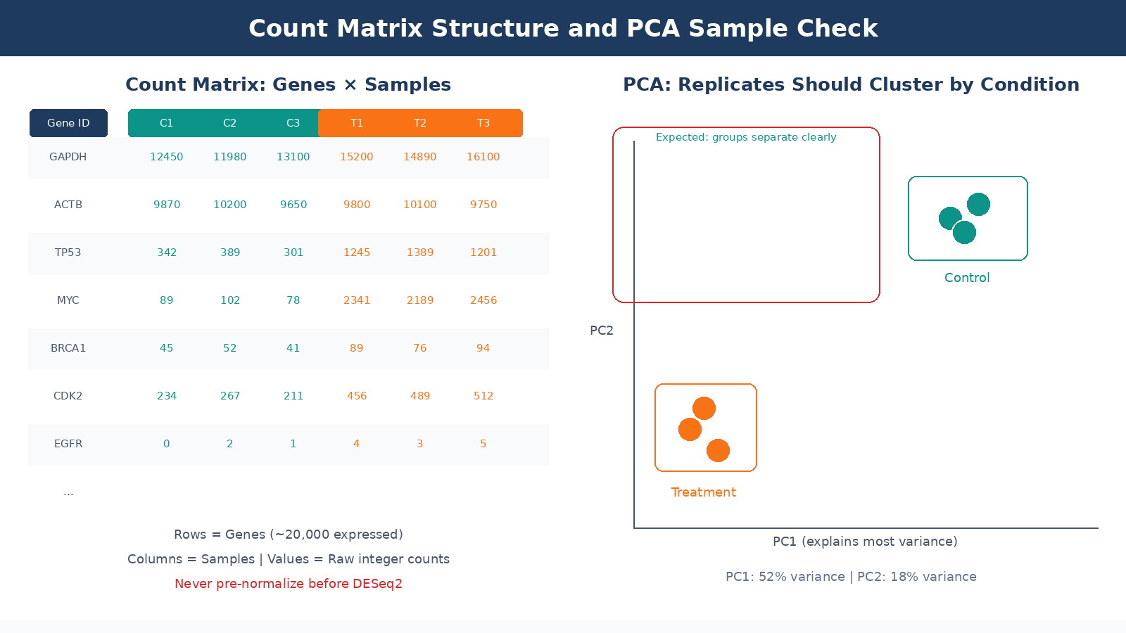 Diagram showing the structure of a RNA-seq count matrix with genes as rows and samples as columns, alongside a PCA plot showing replicate clustering by condition