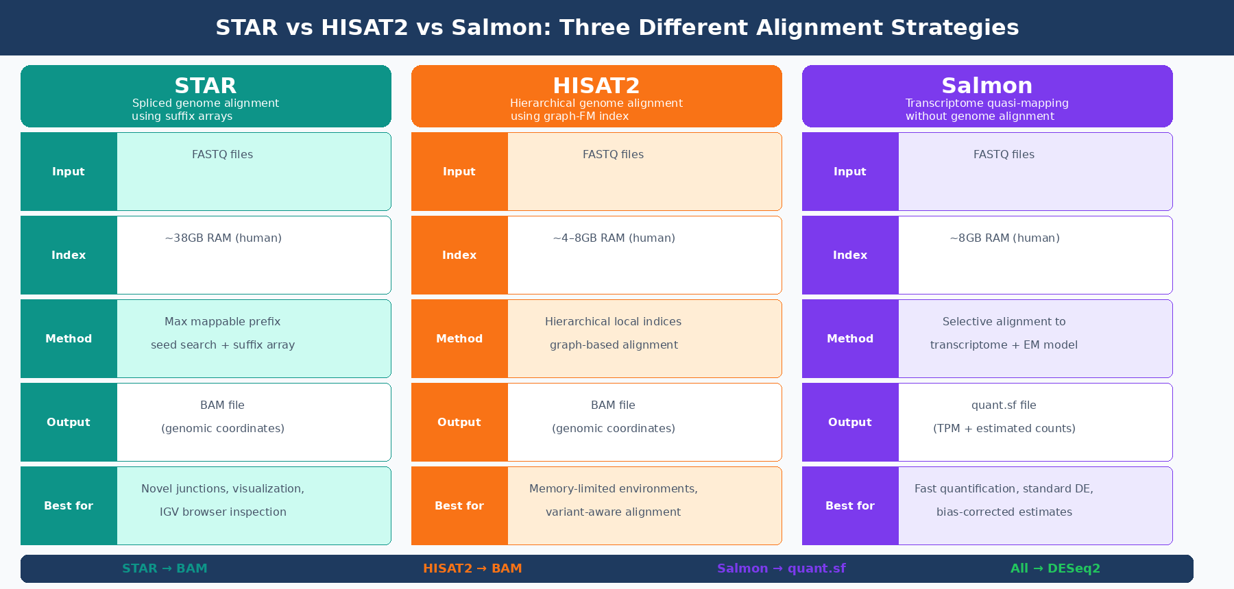 Three-panel diagram comparing STAR genome alignment producing BAM files, HISAT2 genome alignment with a hierarchical index, and Salmon pseudo-alignment directly to transcriptomes producing quant.sf files