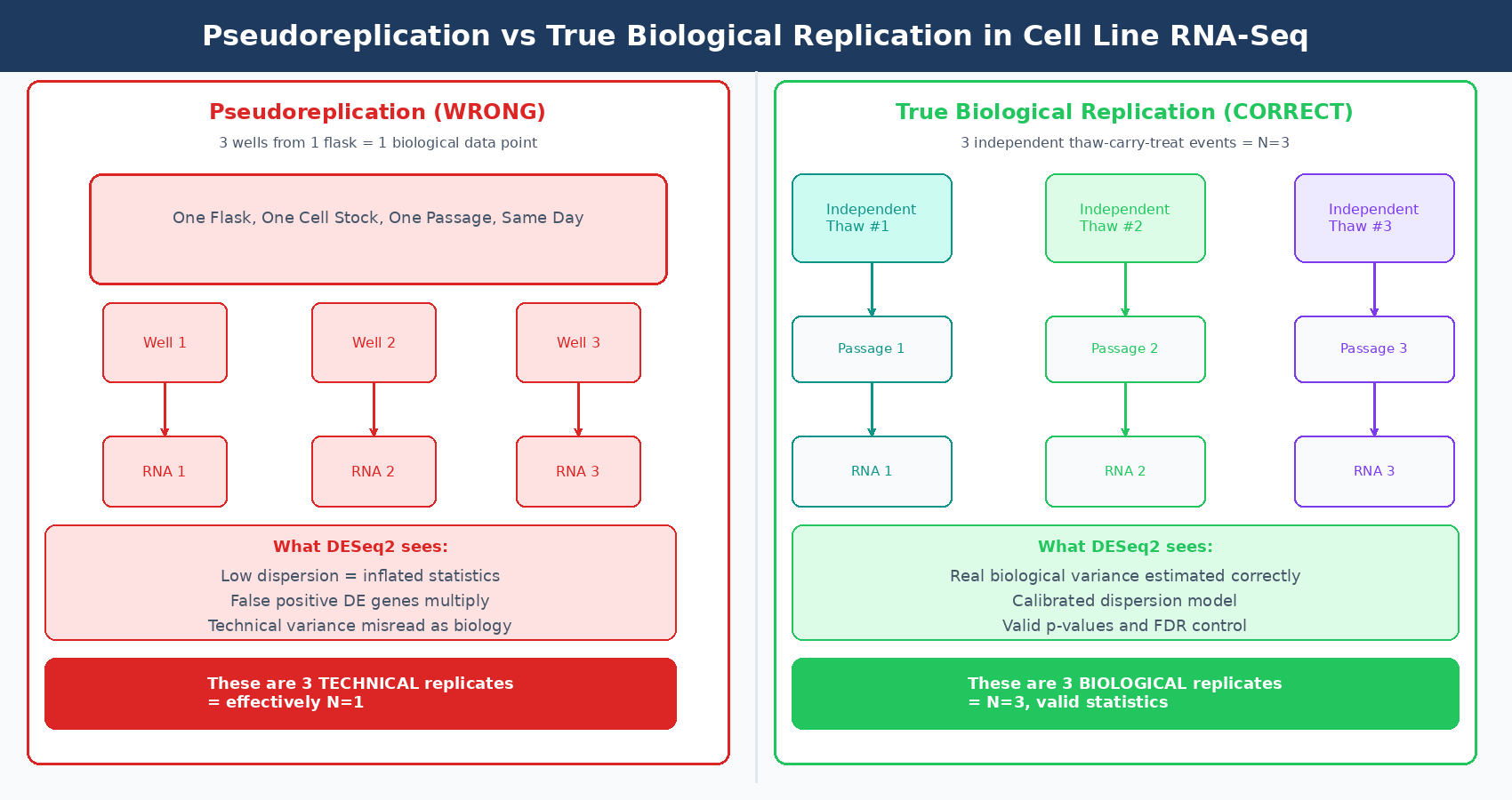 Side-by-side diagram comparing pseudoreplication (three wells from same flask on same day treated as three biological replicates) versus true biological replication (three independent thaw-culture-treat experiments from the same cell line stock)