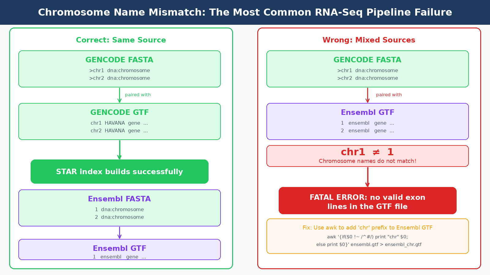Diagram showing the chromosome naming convention differences between Ensembl (numeric: 1, 2, MT) and GENCODE/UCSC (chr prefix: chr1, chr2, chrM), and the error this causes in STAR when FASTA and GTF sources are mismatched