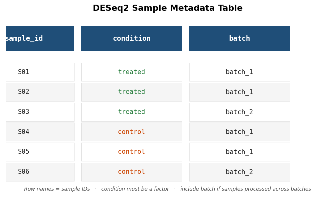 Example sample metadata table showing sample IDs as row names, condition column with treated and control values, and an optional batch column