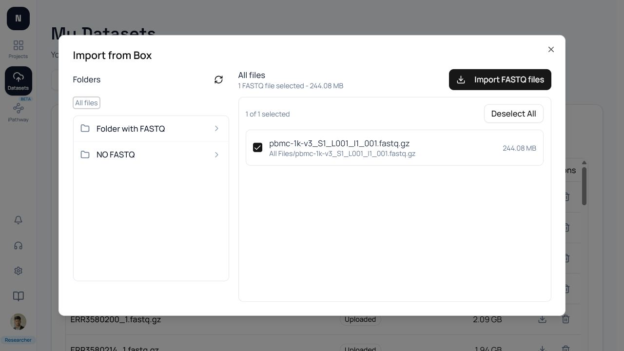 The Box importer showing accessible folders and a selected FASTQ file.