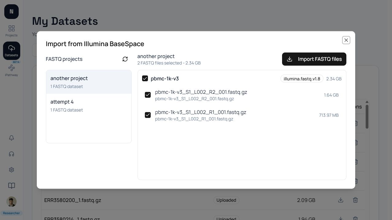 The BaseSpace importer showing FASTQ projects on the left and selected FASTQ files for the chosen project.