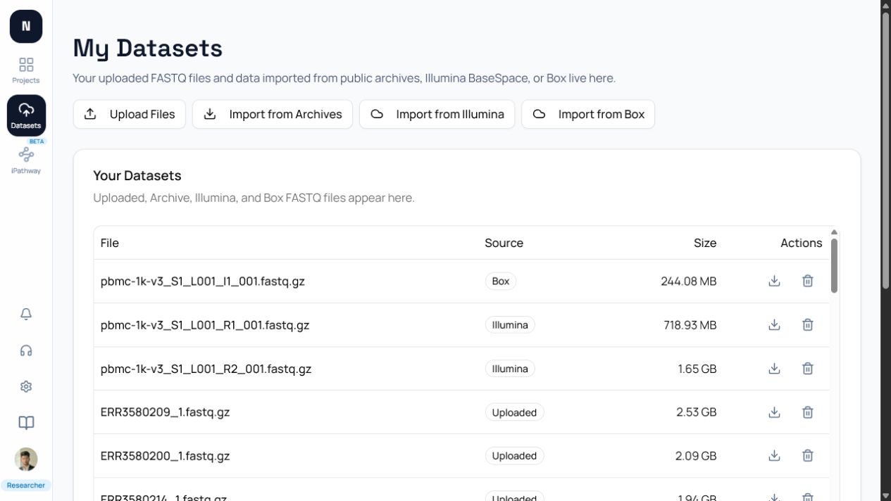 The My Datasets page, with the import toolbar and existing dataset table.