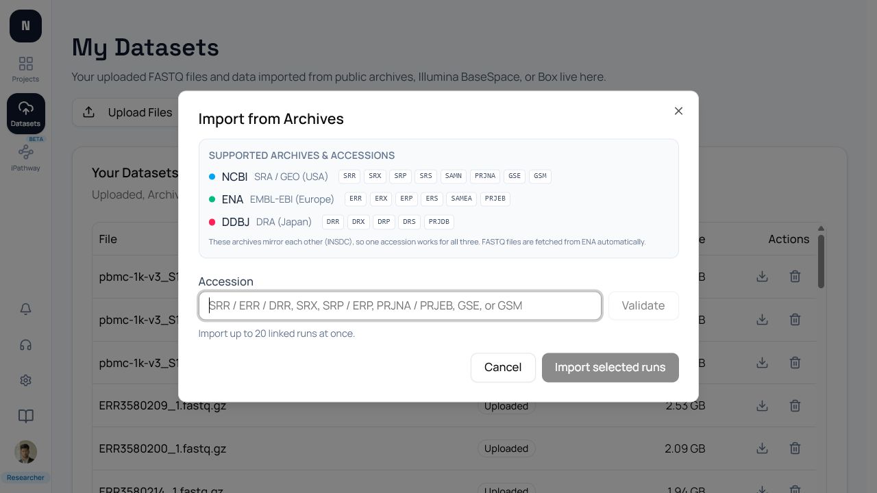 The Import from Archives dialog showing supported accession examples and the resolved-run selection table.