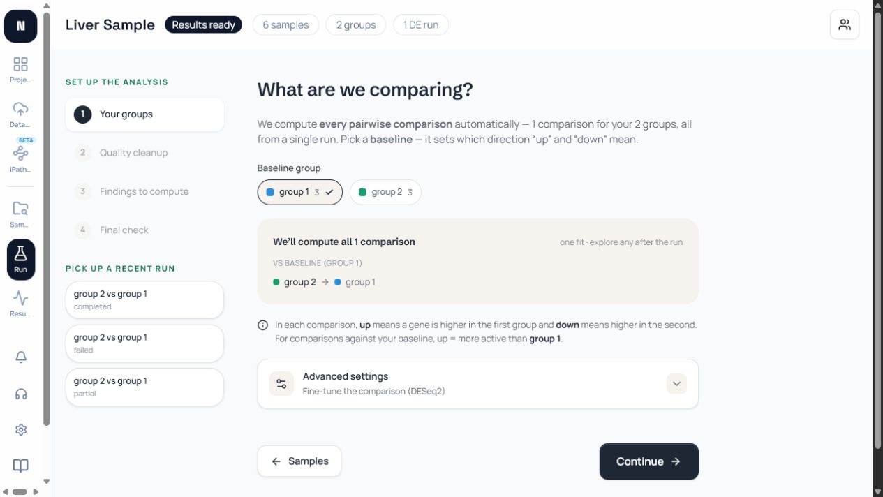 The first run-wizard stage for selecting experimental groups and comparisons.