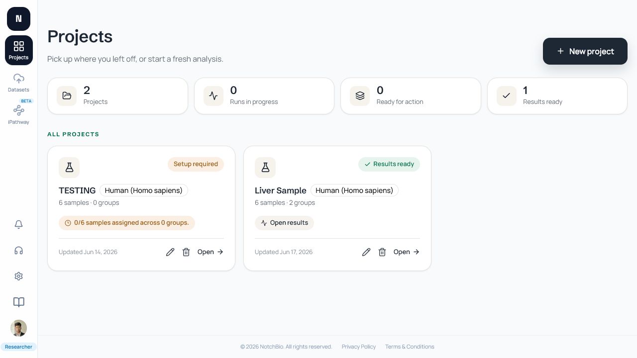 The Projects dashboard showing project and analysis status before creating a new project.