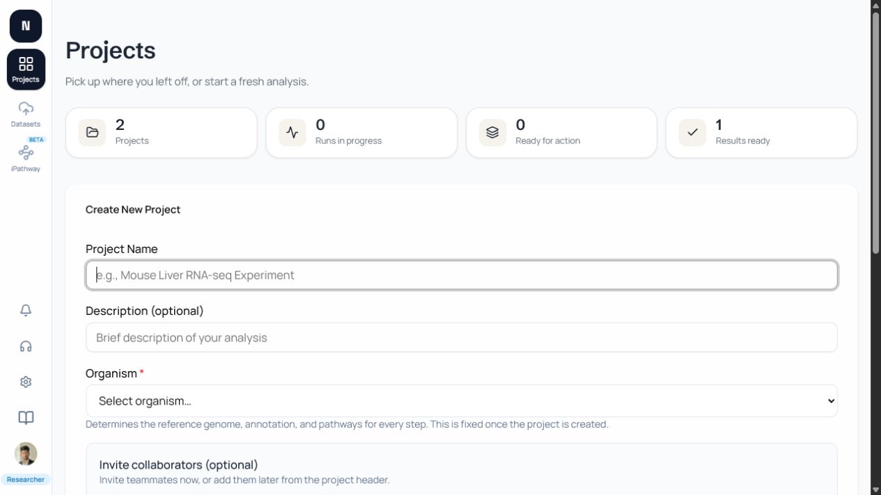 The New project form with project details, organism selection, and collaborator invitation controls.