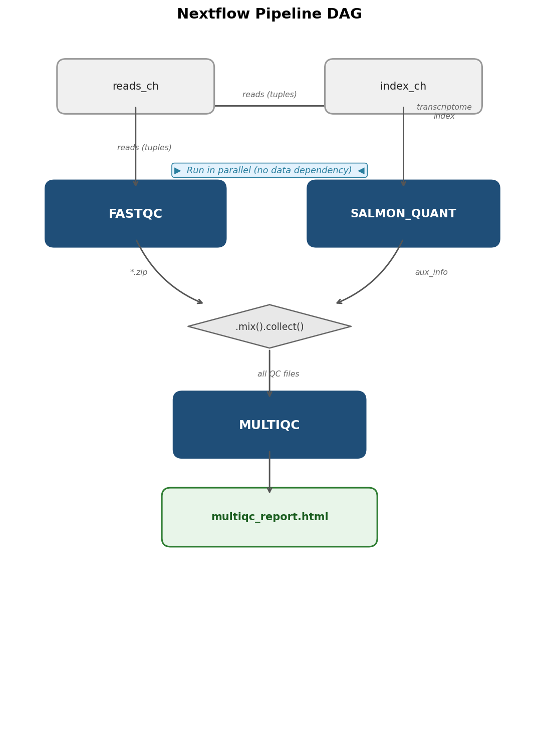 Nextflow pipeline DAG diagram showing three processes (FASTQC, SALMON_QUANT, MULTIQC) connected by channels, with reads_ch and index_ch as inputs and multiqc_report as the final output