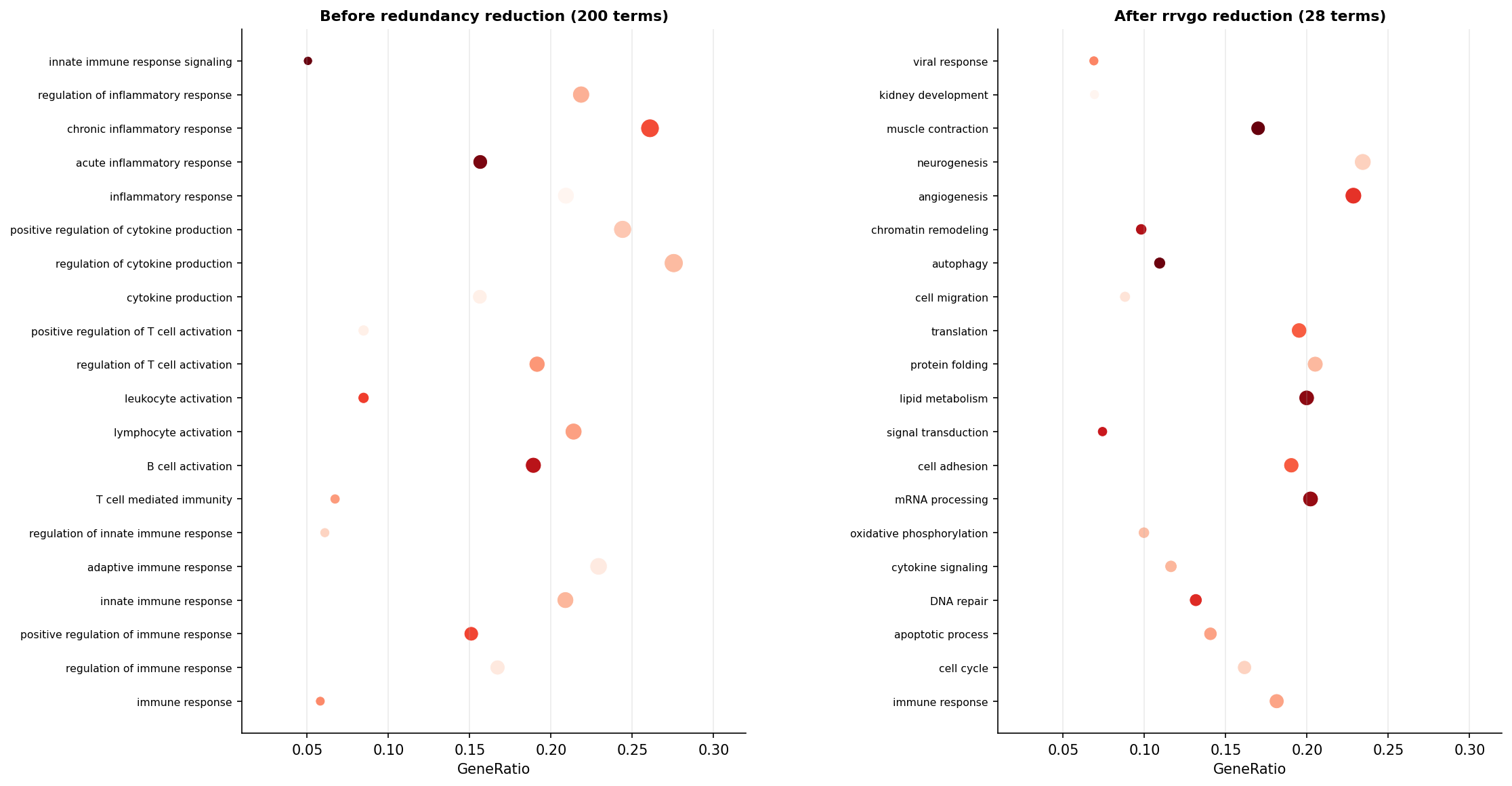 Side-by-side dotplots showing 200 GO terms before redundancy reduction and 28 representative terms after, demonstrating the collapse of redundant parent-child and sibling terms