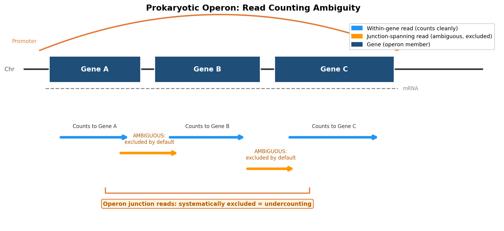 Diagram showing a polycistronic bacterial operon with three genes and RNA-seq reads spanning gene boundaries, illustrating the read assignment ambiguity problem