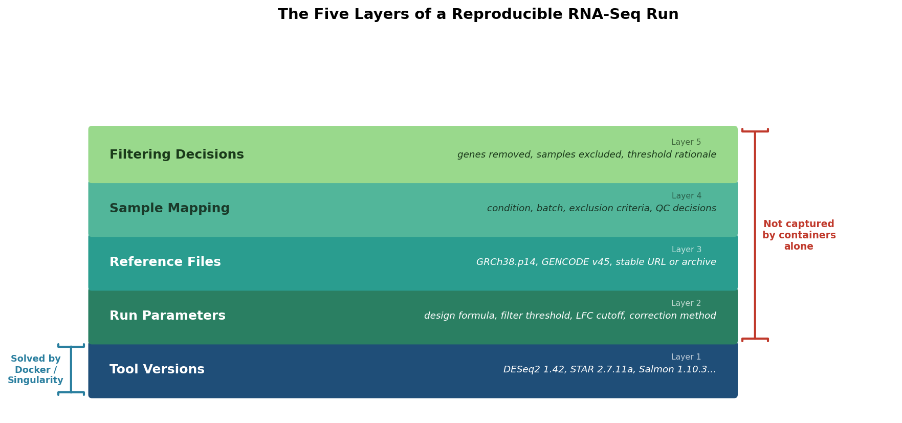 Layered diagram showing five components of a reproducible RNA-seq run, with containers solving only the bottom tool-version layer and the upper four layers requiring explicit documentation