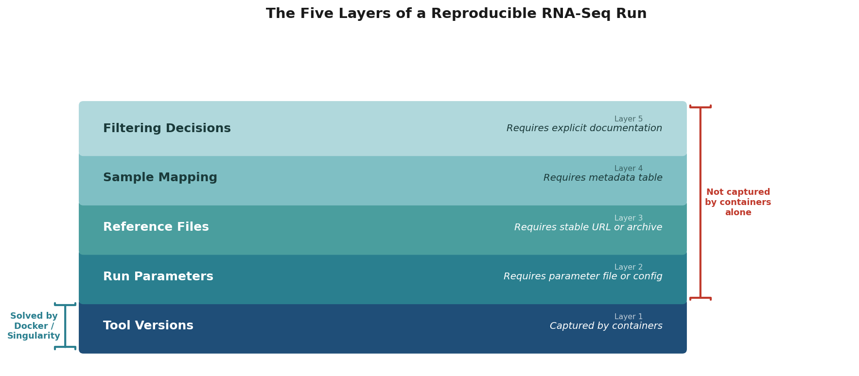Diagram showing the components of a complete RNA-seq run snapshot: tool versions, parameters, reference files, sample mapping, and filtering decisions